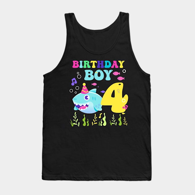 4th Birthday Boy Shark Funny B-day Gift For Kids Tollders Tank Top by ttao4164